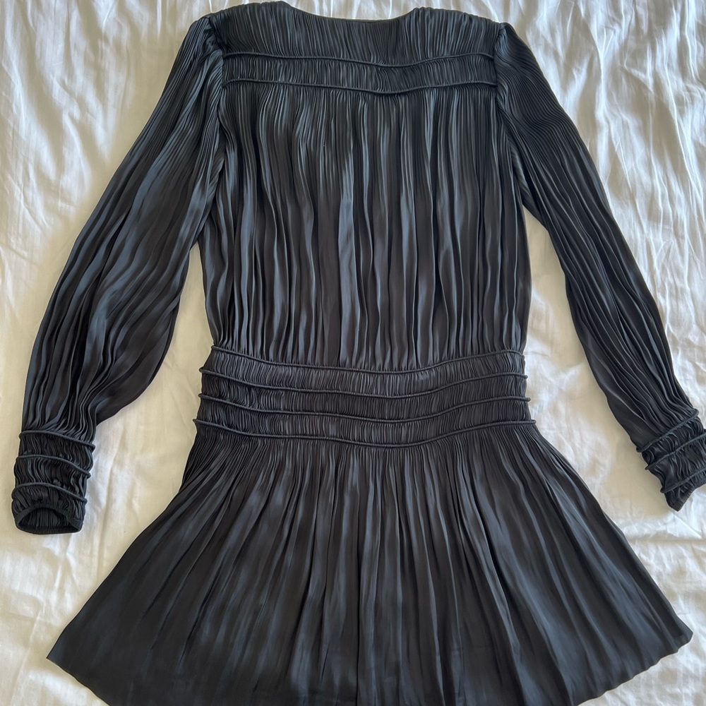 FRAME Women’s Pleated Pleat V Neck Long Sleeve Dress Smocked Black Size XS New - Picture 12 of 16